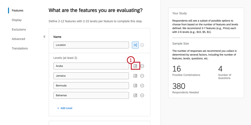 En la página de características, siguiente a cada campo de nivel hay un pequeño ícono que parece un sol detrás de una colina (una pintura genérica).
