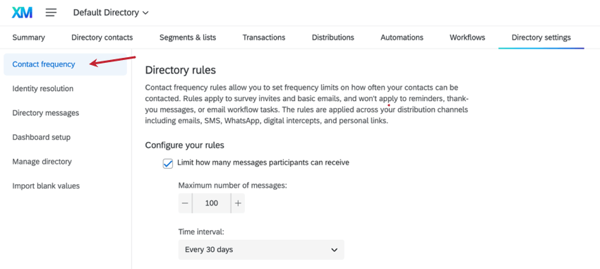 Image of directory settings page. first option on left menu is contact frequency