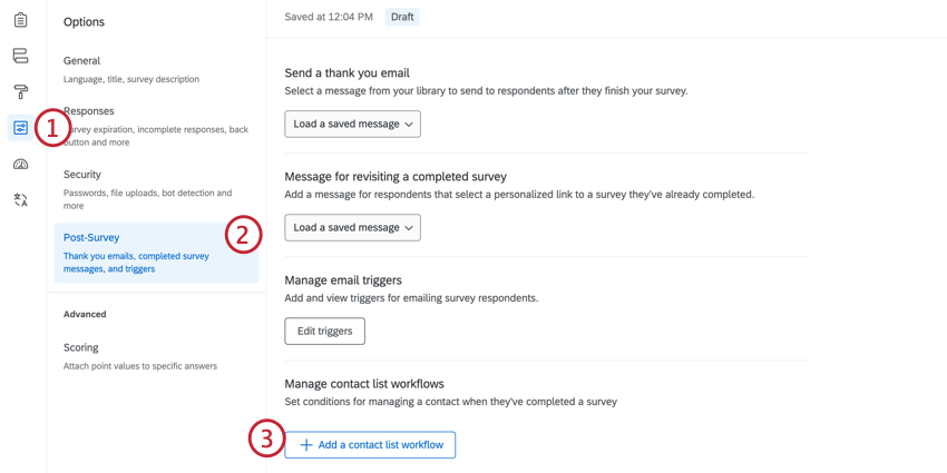 Contact workflows in post survey options