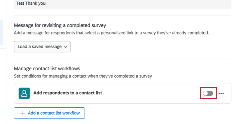 Switch next to contact list workflow to enable or disable it
