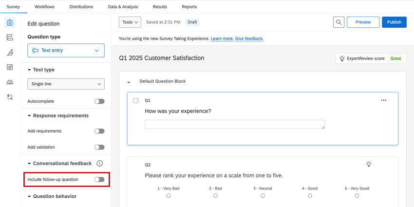 Conversational feedback toggle