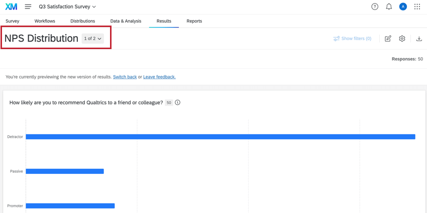 Page in results dashboard highlighted