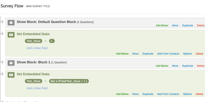 Closeup on survey flow showing an example of embedded data fields set to count with math operations