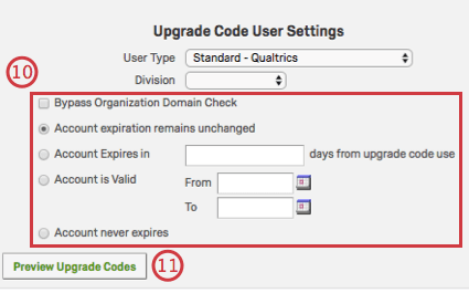 Upgrade Code User Settings menu with various checkboxes and radio buttons