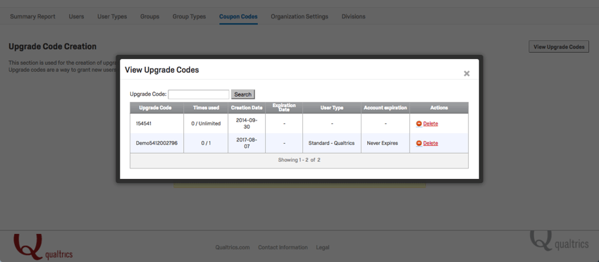 Dialogfenster Upgradecodes anzeigen mit zwei aufgelisteten Codes