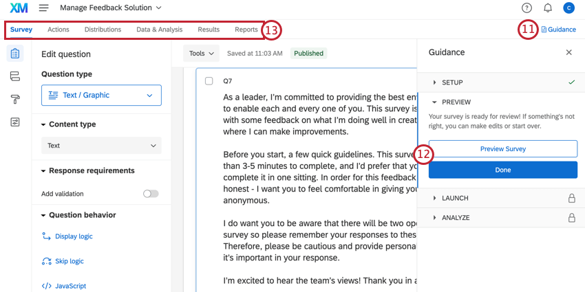 using the guidance panel on the right to navigate, or using the top tabs