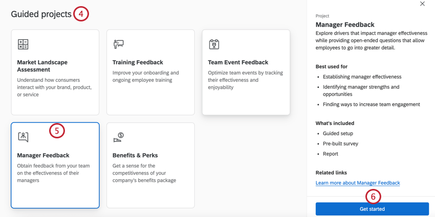 in the guided projects section of the catalog, selecting a project and clicking get started