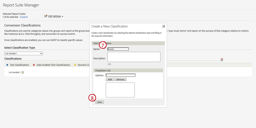 Creare una nuova classificazione in Adobe Analytics con letichetta Sondaggio.
