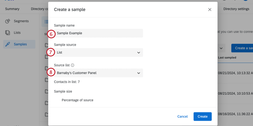 creating a sample by selecting the source mailing list and deciding how to determine the sample size