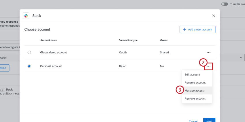 Three dot menu next to accounts in account selection, then manage access button is highlihted