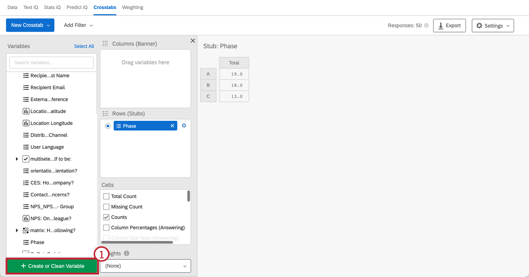 Shows how to create a new variable in Crosstabs.