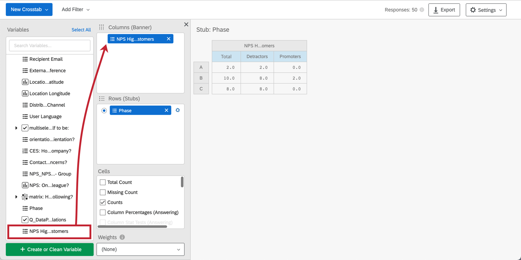 Shows where the new Crosstabs variable is located, and how to bring it into the Columns pane.