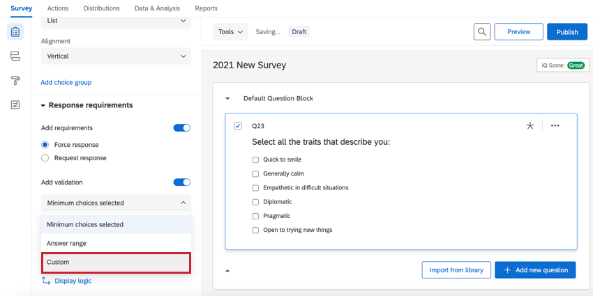 Die benutzerdefinierte Validierungsoption für eine Multiple-Choice-Frage