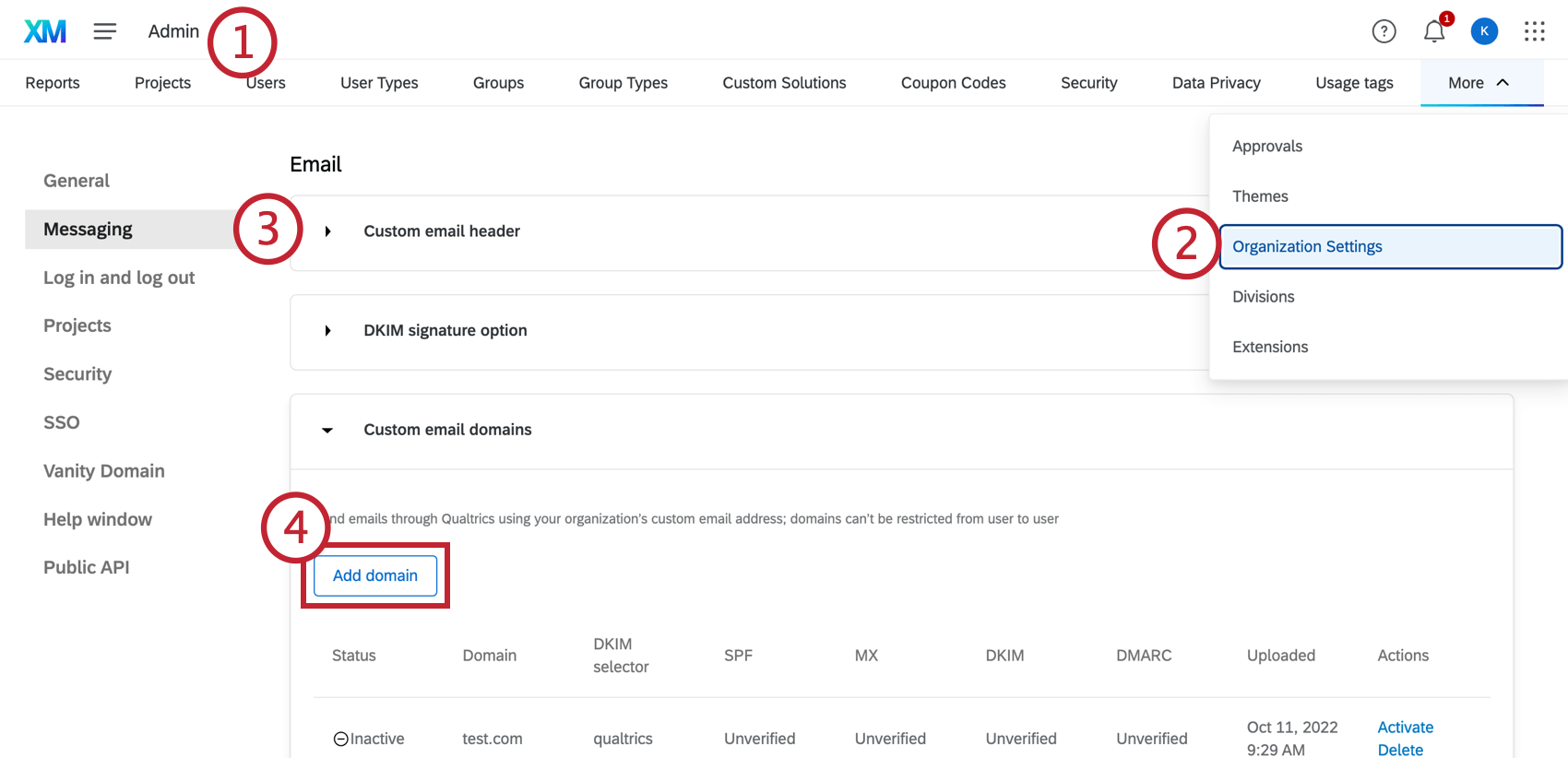 Adding a custom domain in the Email tab of the organization settings