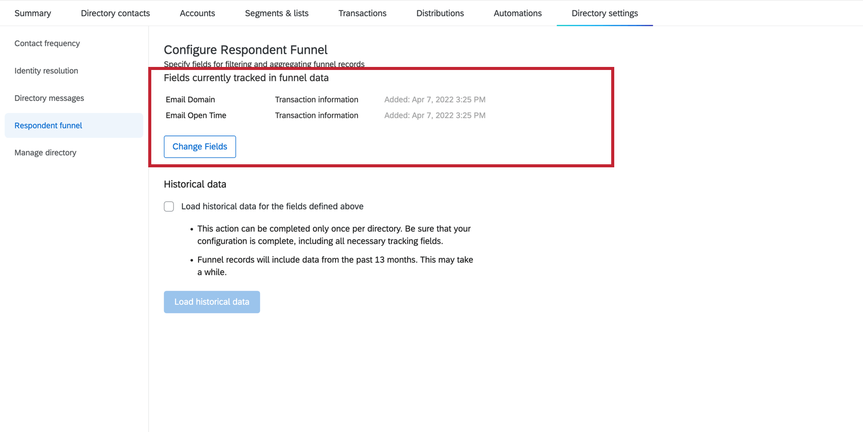 ファネルデータで現在追跡されている埋め込みデータフィールドを表示します。