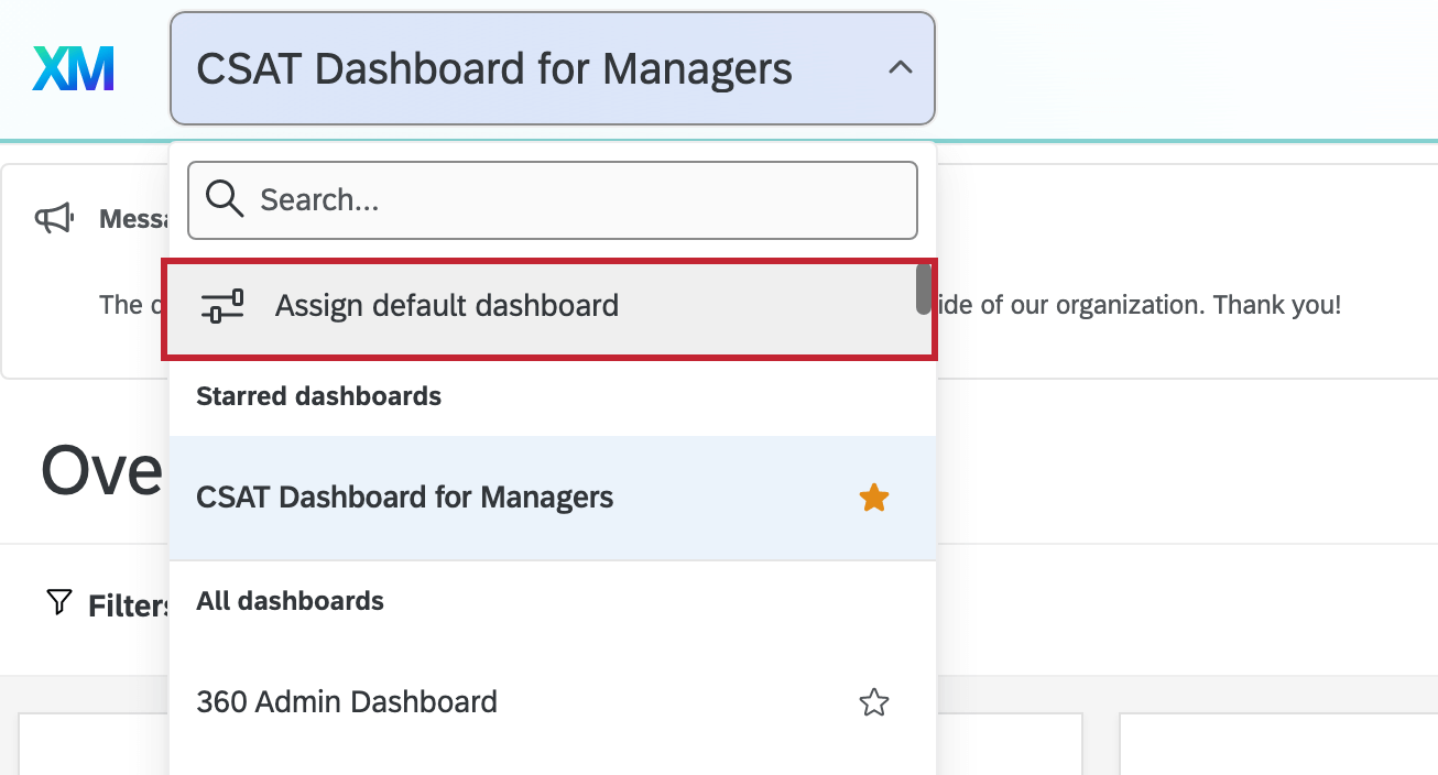 Assign default dashboard option in the dashboard page drop down.