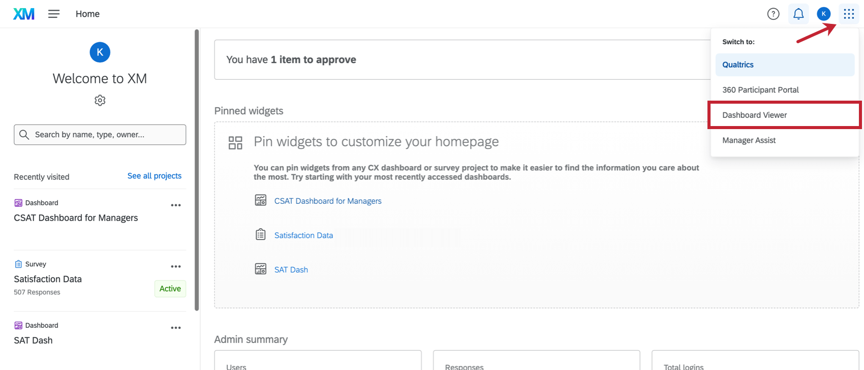 Mostra o visualizador dashboard no menu superior esquerdo.