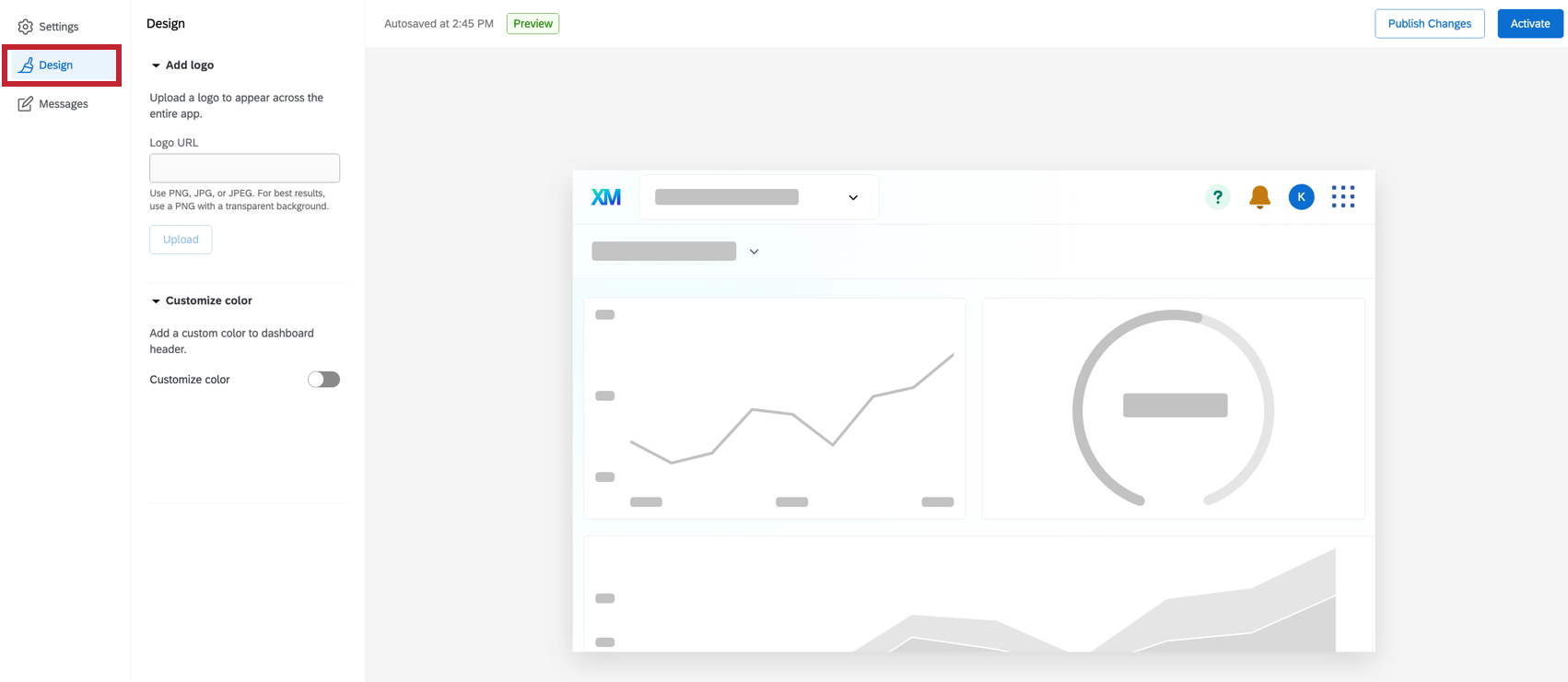 The design page of the app configuration menu.