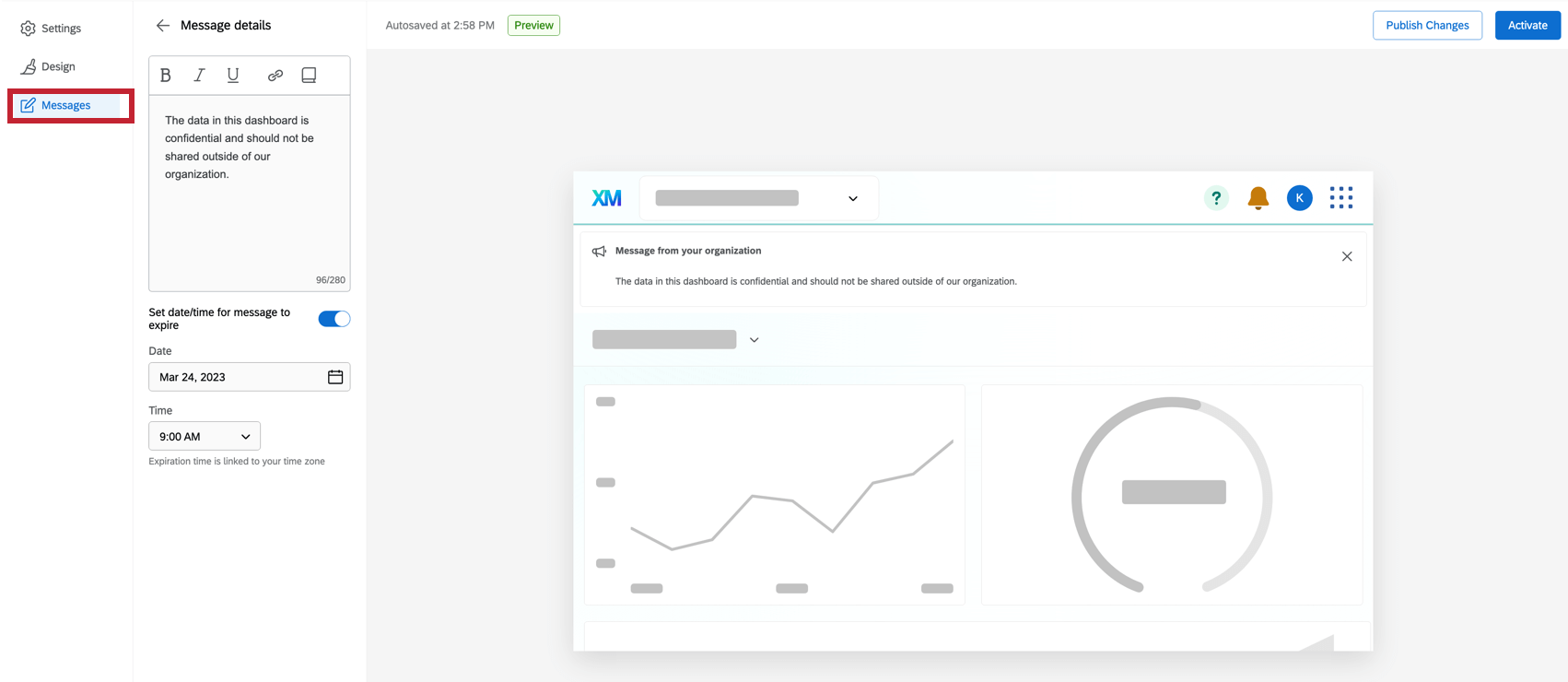 The messages pages of the app configuration menu.