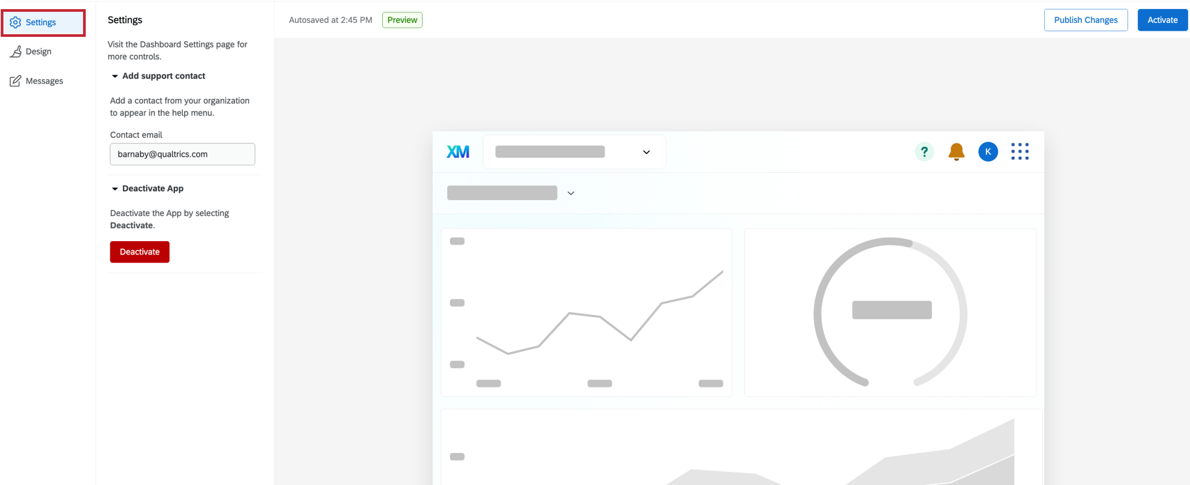 The settings page of the app configuration menu.