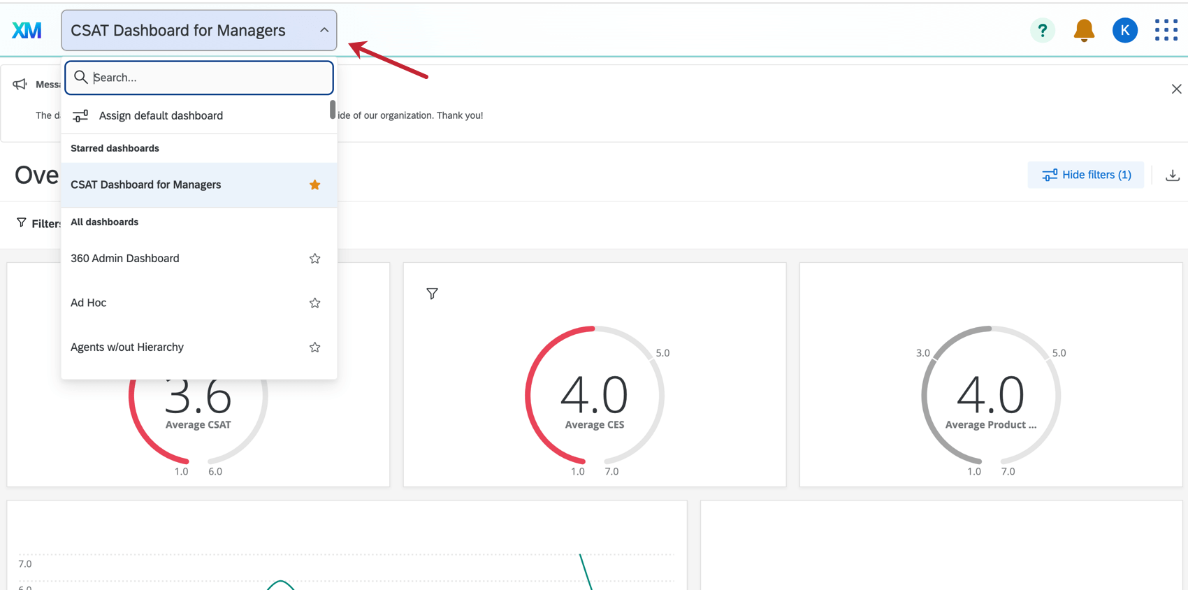 Mostra o menu suspenso que permite aos usuários selecionar um dashboard para visualizar no aplicativo.