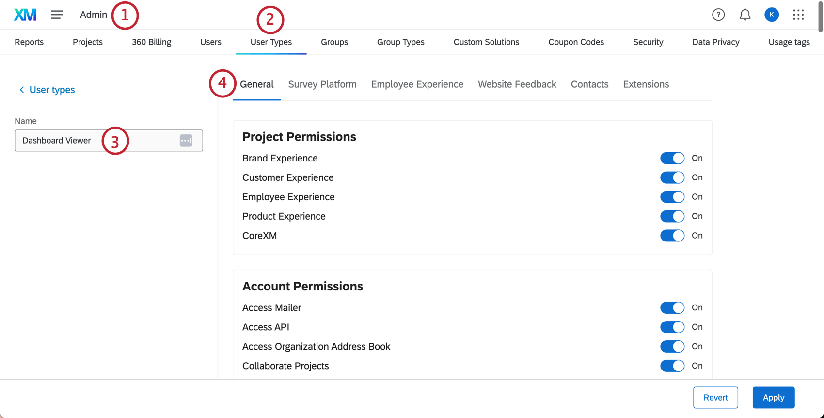 The user types menu in the admin tab, highlighting the create user type functionality.