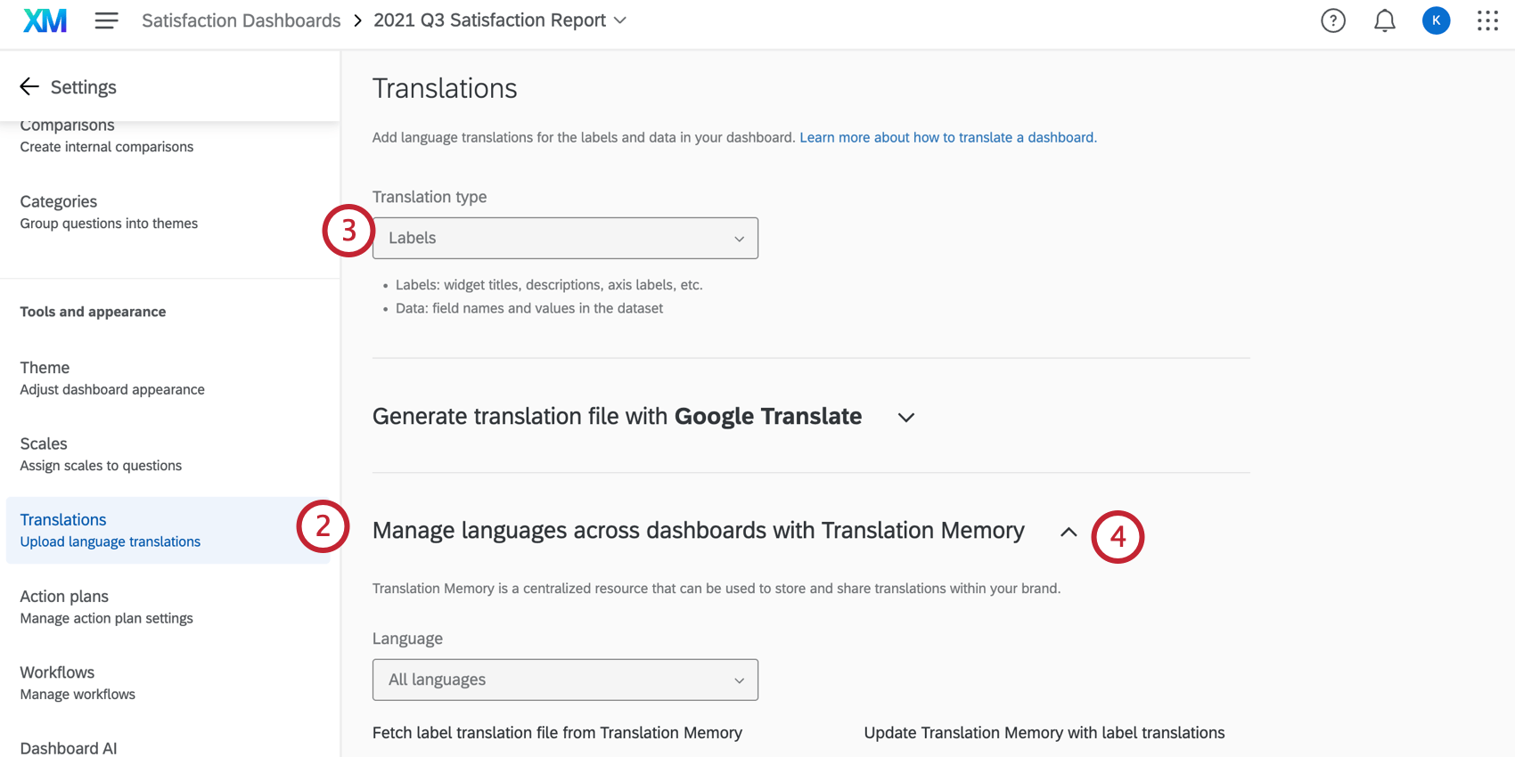 Administrar la sección de traducción en la pestaña de traducciones