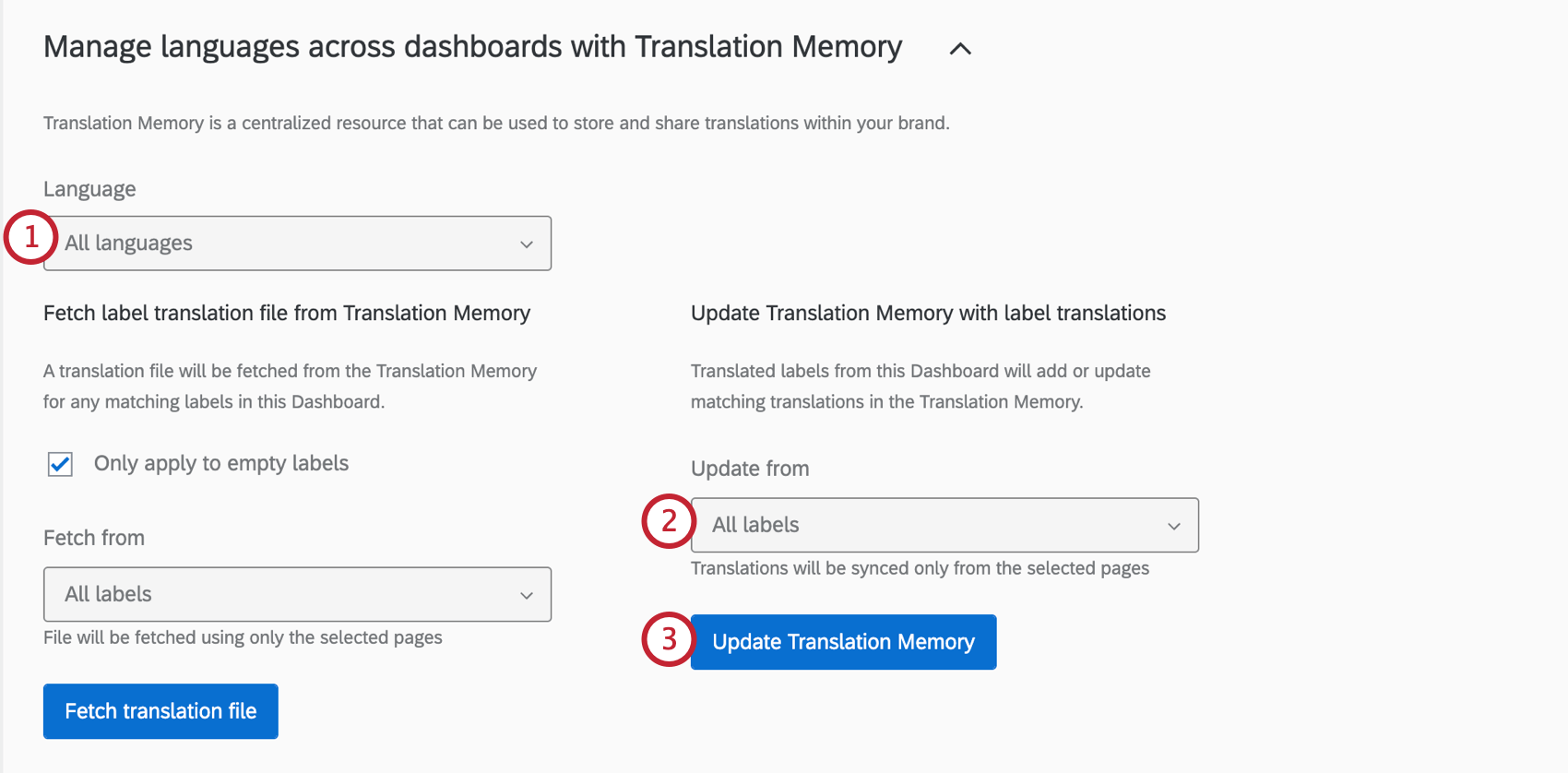 Sélection de loption de récupération des libellés dans le menu déroulant de la langue de gestion dans la section de la mémoire de traduction