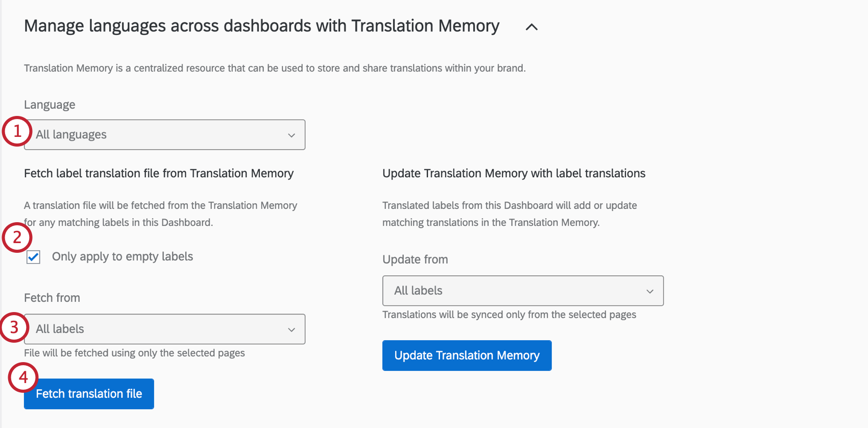Selecting fetch labels from the dropdown within the manage language in the translation memory section