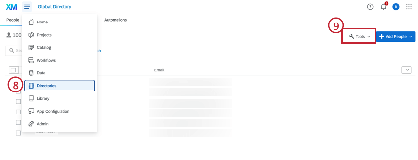 Ferramentas no menu suspenso do diretório do funcionário