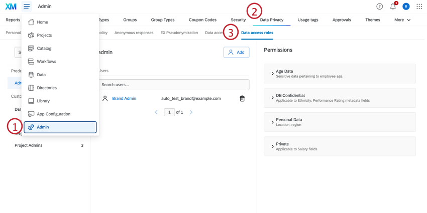 Admin page and data access roles tab