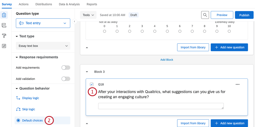 selecting a question and then choosing default choices
