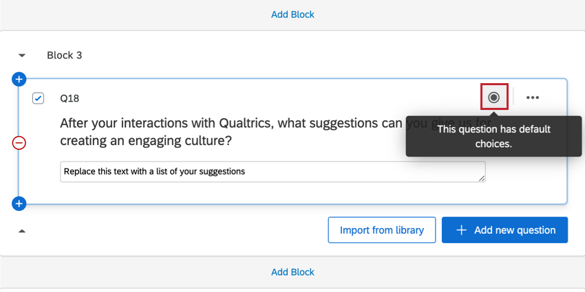 le cercle gris sur une question indiquant quelle comporte des choix par défaut