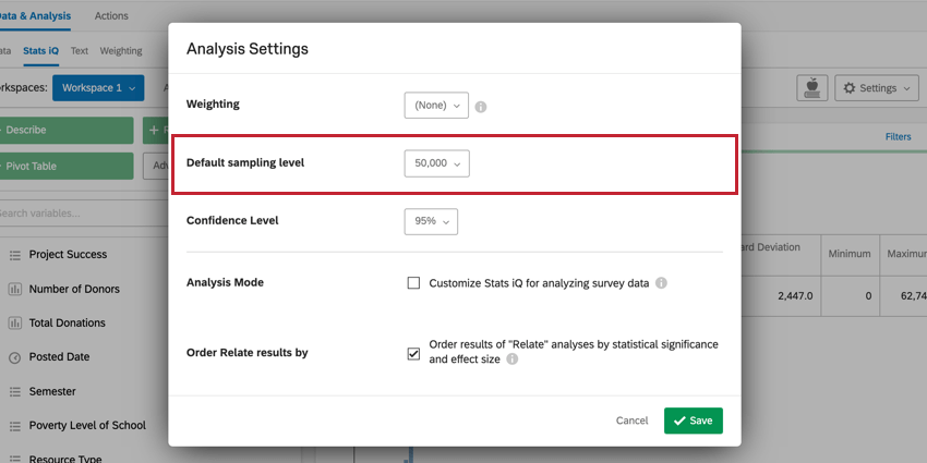 image of the default sampling level option in Analysis Settings