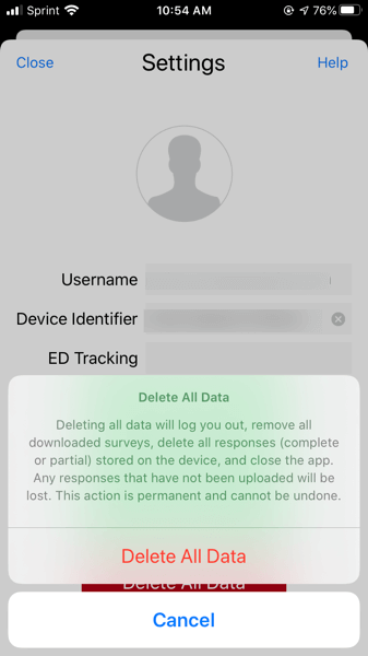 la pantalla de confirmación de eliminación de todos los datos antes de borrar todos los datos de la aplicación.