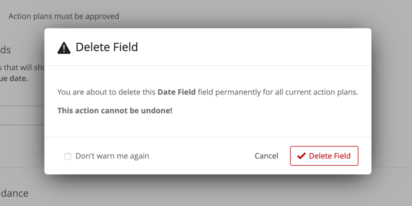 the deletion confirmation window before permanently deleting a field