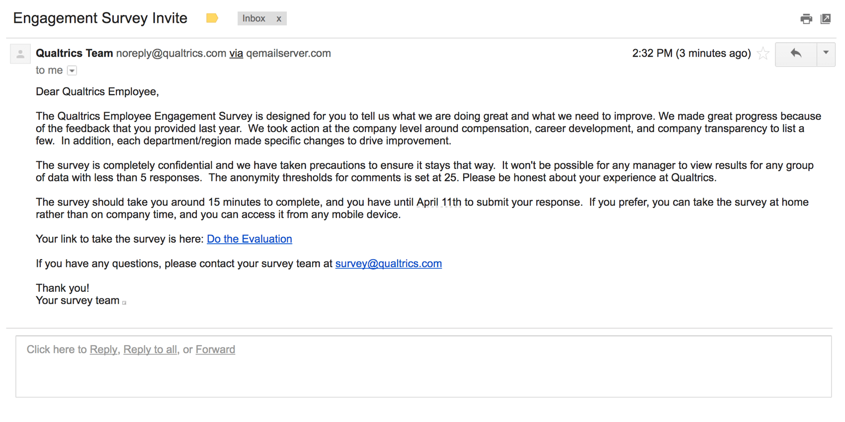 un exemple denvoyer e-mail dinvitation à une enquête dengagement