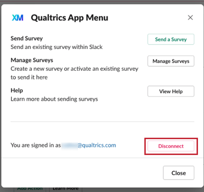 image of the disconnect button within the Qualtrics app menu within slack