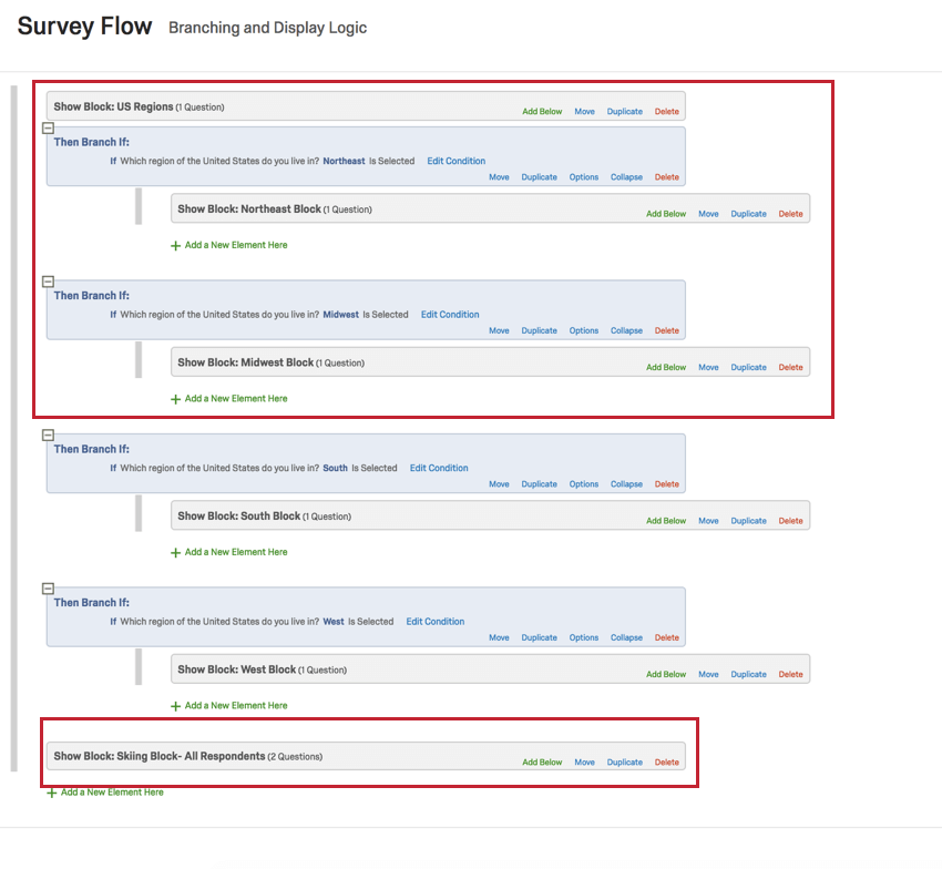 Image de blocs divisés en régions avec le bloc de question de suivi