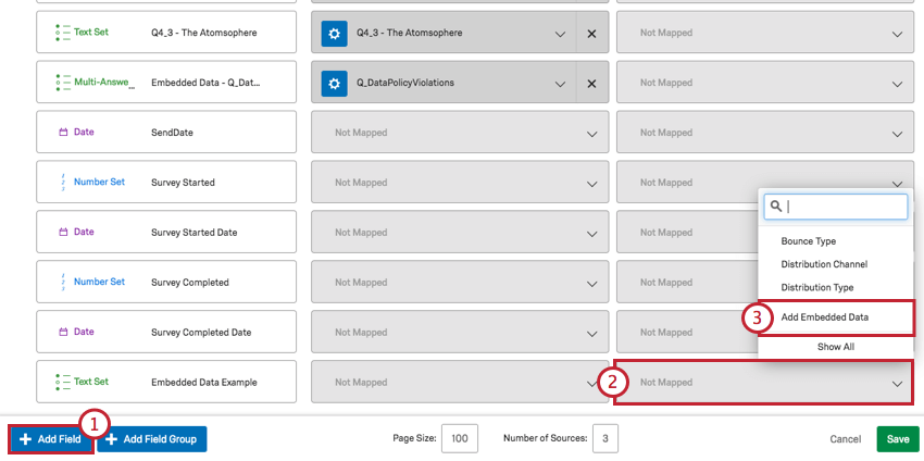 image showing the add field button and showing how to map embedded data
