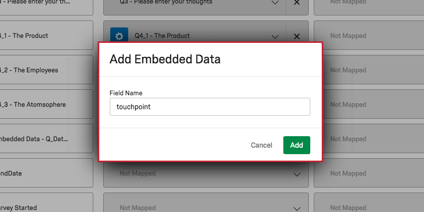 image showing the add embedded data pop up