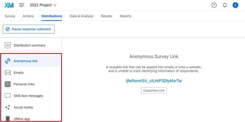 os métodos distribuição disponíveis estão no lado esquerdo da página