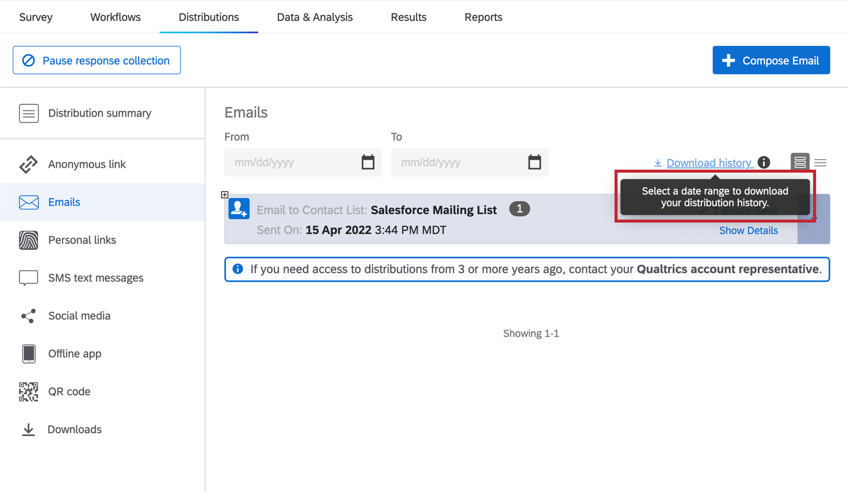 il pulsante di download è disattivato perché non è stato selezionato alcun intervallo di date