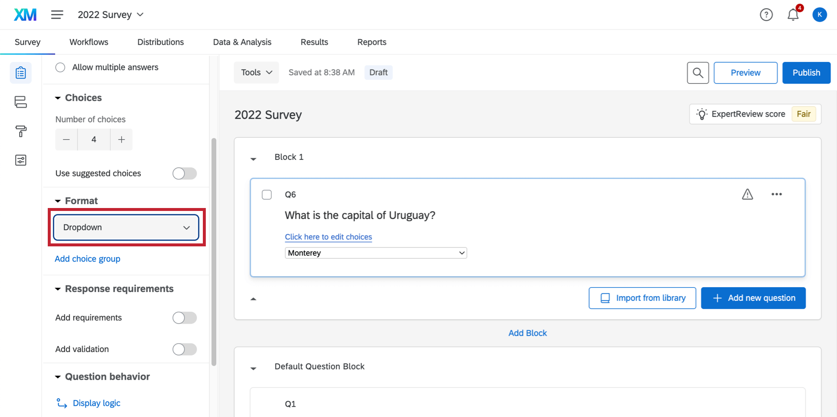 左側のツールバーで強調表示された［ドロップダウン］形式設定オプション
