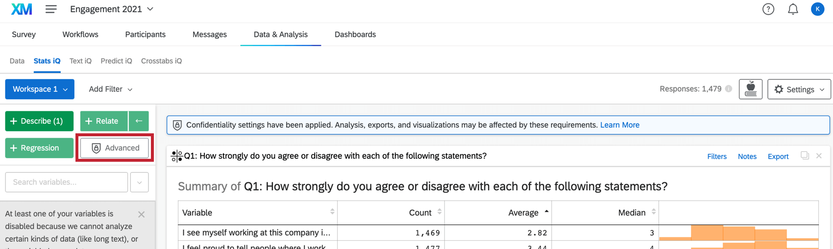 Shows the locked advanced analyses menu due to response anonymity in EX.