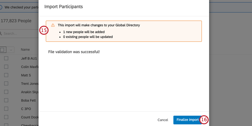 a tela dos participantes da importação mostrando as alterações que ocorrerão no diretório