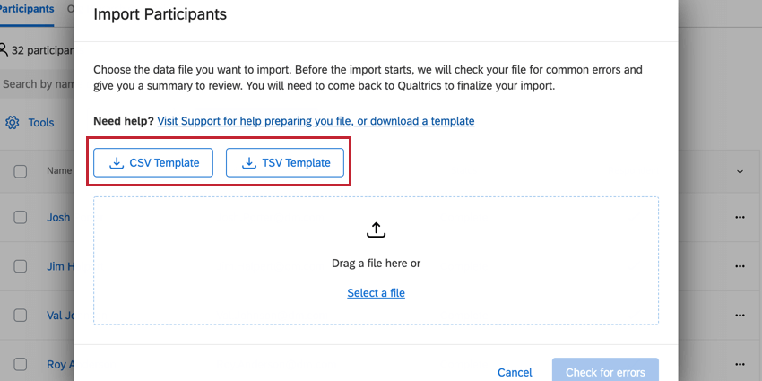 cliquer sur le modèle pour télécharger un modèle dimportation de participants