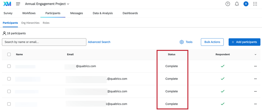 La columna de estado en la pestaña de participantes de un proyecto EX