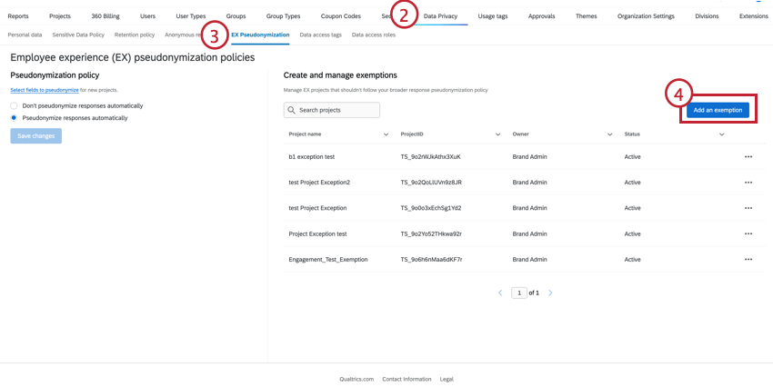 Highlights the add an exemption tab in the pseudonymization settings