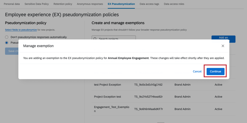 Continua evidenziato nel pop-up di gestione delle esenzioni